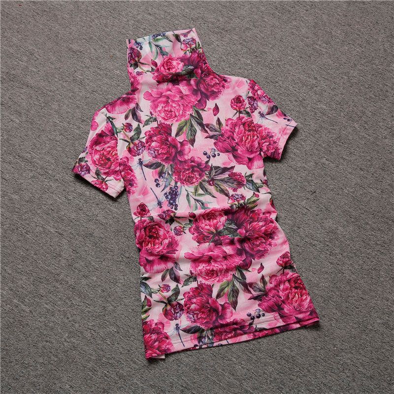 

European Station Short-Sleeved T-shirt Women s 2024 Spring New Floral Print plus Size Turtleneck Half-Sleeved Tops Mesh Bottoming Shirt Rose Red M