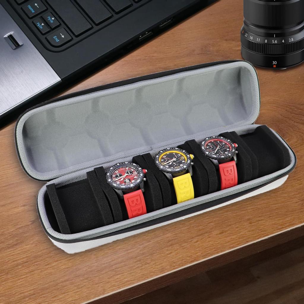 Juntan Watch Case 5 Slot Hard Watch Travel Watch Case, Watch Storage Soft Compressible Foam Pillow Black Men Women Nylon Watch Case Portable Silver