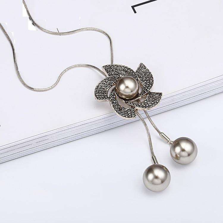 Elegant Look Simulated Pearl Long Necklaces Women Bijoux Stylish Crystalline Flower Stylish Jewelry Sweater Necklaces PendantsElegant Pendant Necklace
