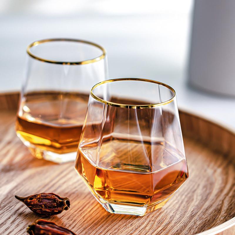 2pcs Set 11OZ Creative Stylish Rolling Golden Edged Glasses Transparent Hexagonal Glass for Home Bar Club Restaurant Water Cups