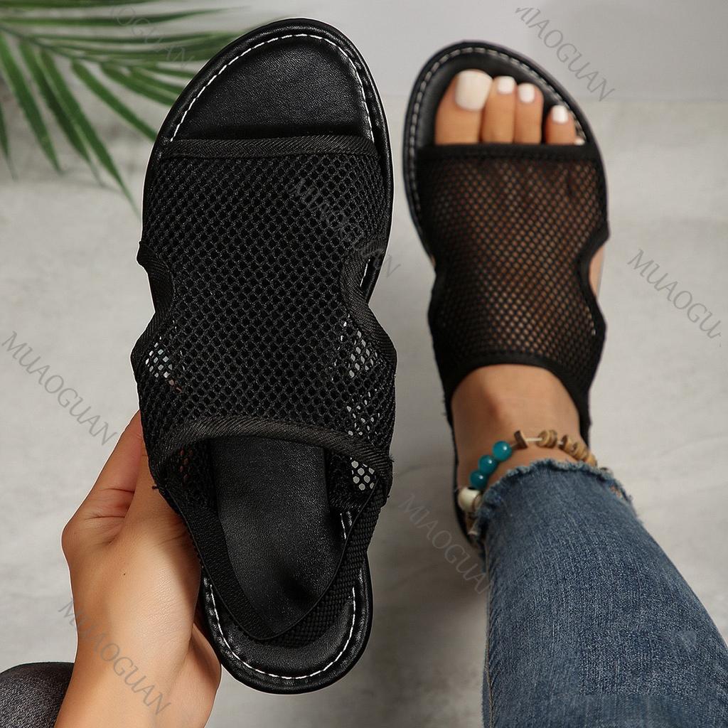 Fashion New Flat Bottom Breathable Mesh Sandals Women Summer Shoes Casual Large Size Round Toe Beach Sandales Slippers Ladies Shoes