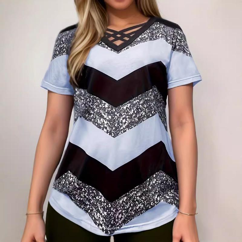 

YYFS Жіноча мода Повсякденна Літо Весна Блузки та сорочки з принтом із кольоровими блоками з короткими рукавами та V-подібним вирізом XL світло-синій колір