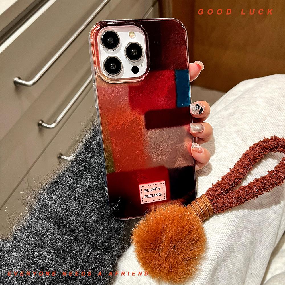 New Color blocked Furry Lanyard Mobile Phone Case Suitable for Apple 16promax Swirl Iphone15 Protective Case for Women 13