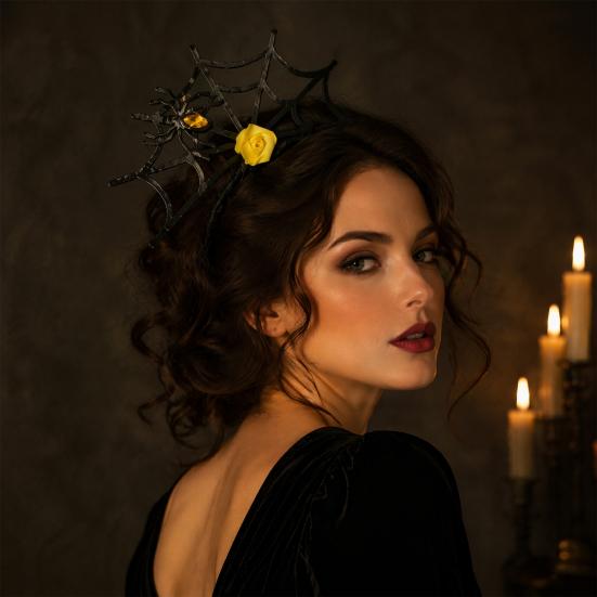 Costume Party Headpiece Halloween Spider Web Headband, Black Lace Choker Collar with Rose, Theme Photo Props Accessory for Women Girls, Gothic