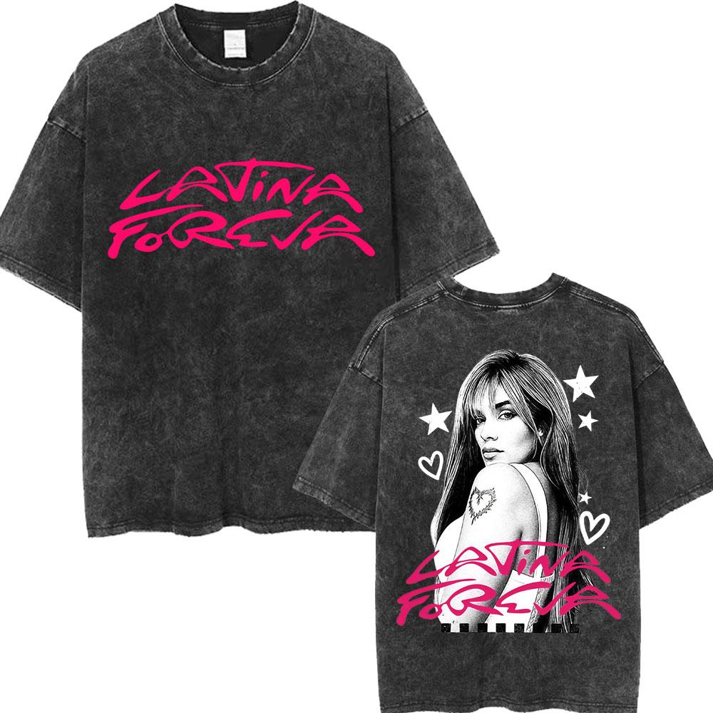 Karol G Tropicoqueta Album Latina Foreva Washed T Shirt Men Women Trendy Loose Tshirts Casual Cotton Retro Street T Shirts