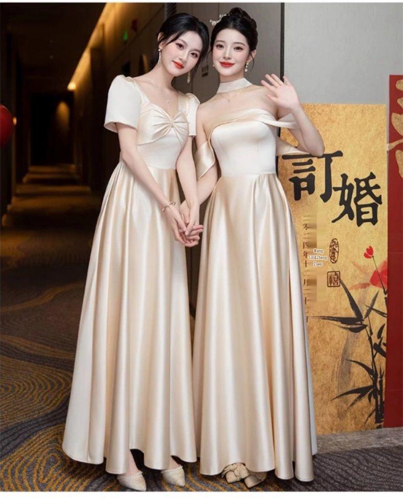 Champagne Satin Bridesmaid Dress - 2025 Autumn/Winter Collection, Versatile High-End Evening Gown for Women