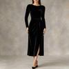 Women's Fashion Velvet Dress - Long Sleeve, Tie Waist, Side Slit, Slim Fit