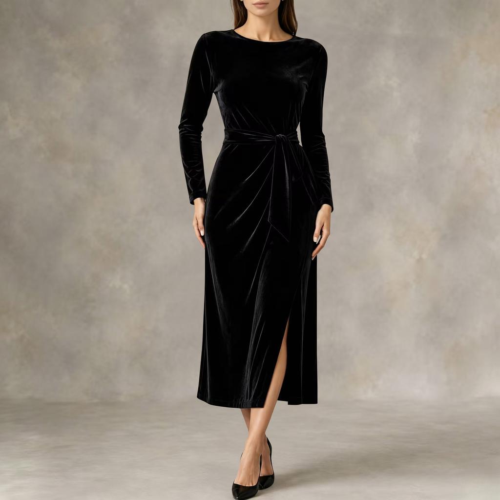 Women's Fashion Velvet Dress - Long Sleeve, Tie Waist, Side Slit, Slim Fit