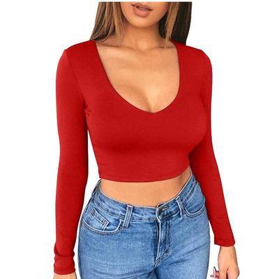 Slim-fit European and American Spice Girls Women's Solid Color Bottom Shirt Sexy Ultra Short Low-cut Navel Skinny Long Sleeve T-Shirt Top
