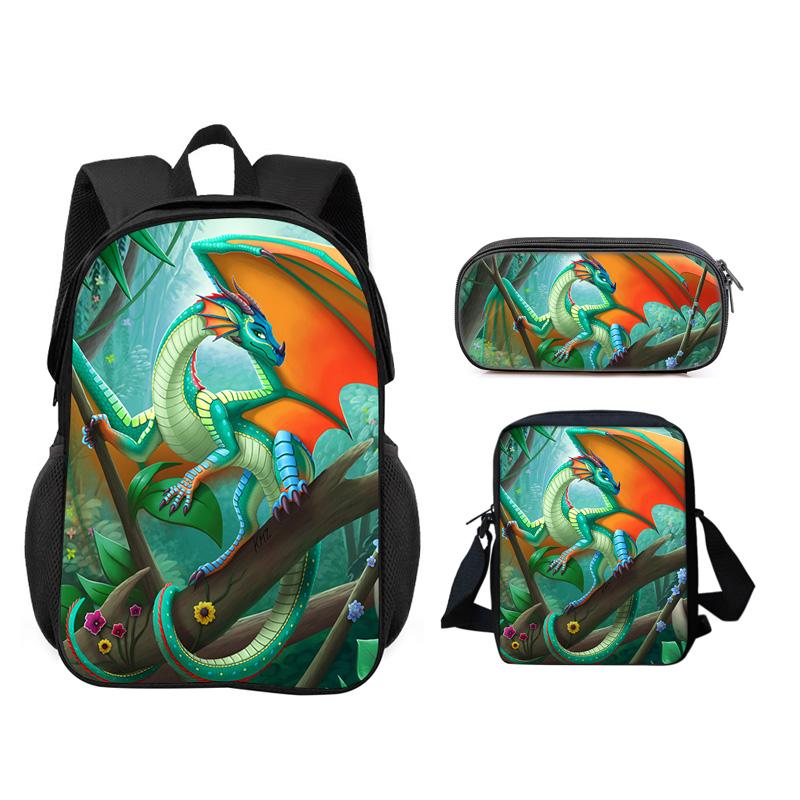 Set 3 Pezzi Wings of Fire Zaino Astuccio Borsa a Spalla Grande Capacità Stampa Cartoni Animati Ragazzi e Ragazze Scuola Primaria Stile Trendy