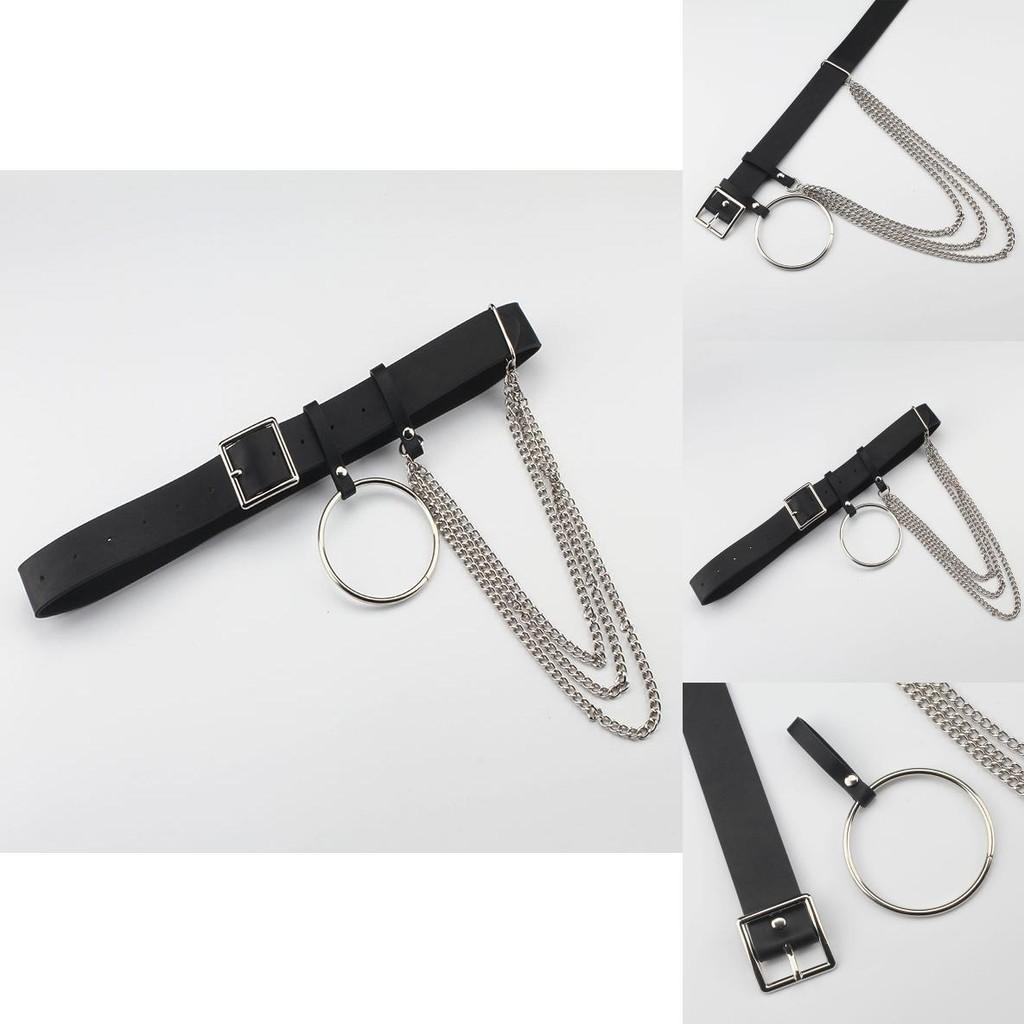 Fashionable Black Waist Belt With Circular Ring And Chain Tassel For Men And Women Fashion Accessory