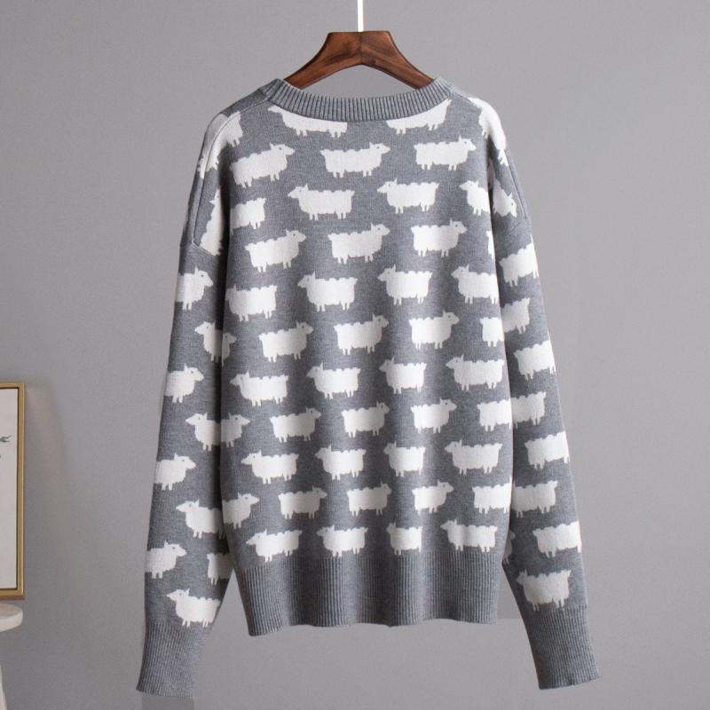 Lockerer Pullover mit Schafdruck Übergröße Damen O-Ausschnitt Langarm Damenpullover Herbst Winter Dick Warm Lässige Pullover