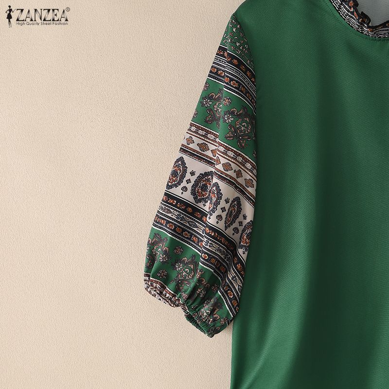 ZANZEA Women Ethnic Print Splice Round Neck Loose Half Sleeve Blouse