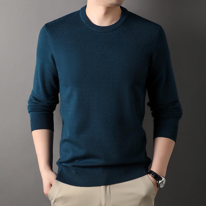 Men's Round Neck Long Sleeve Knitted Sweater - Casual Trend Solid Color