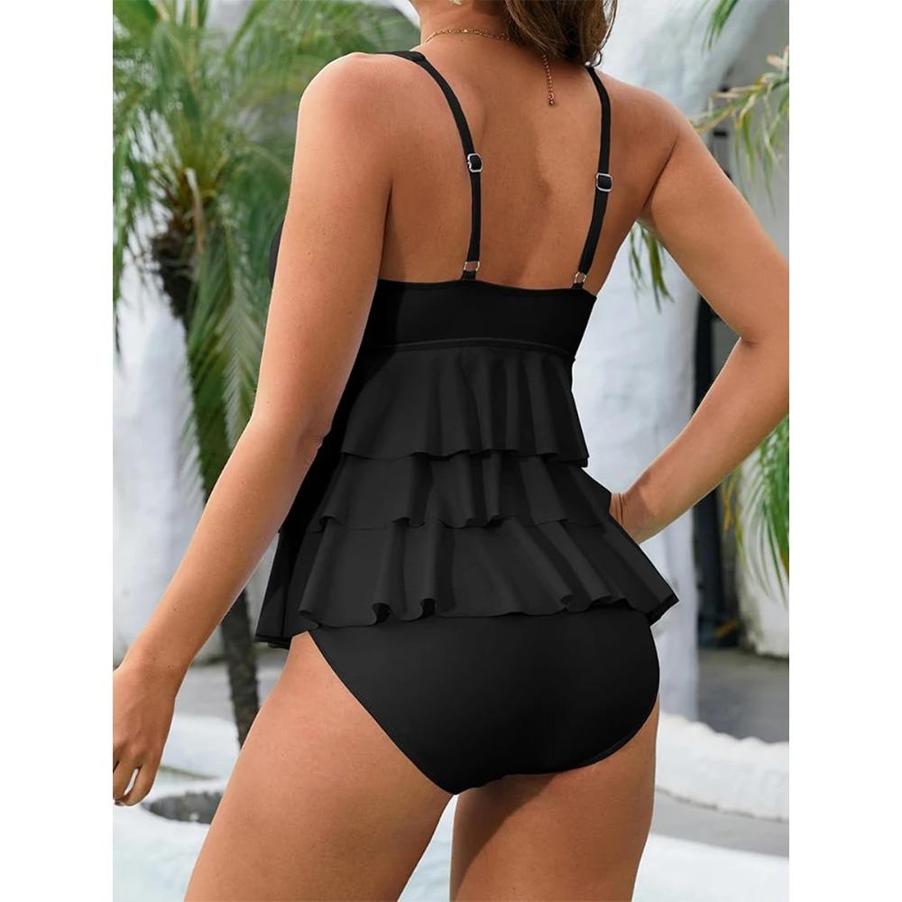 Women Monokini Bathing Suit Solid Color V-Neck Ruffles Sleeveless Bodysuit Swimsuits