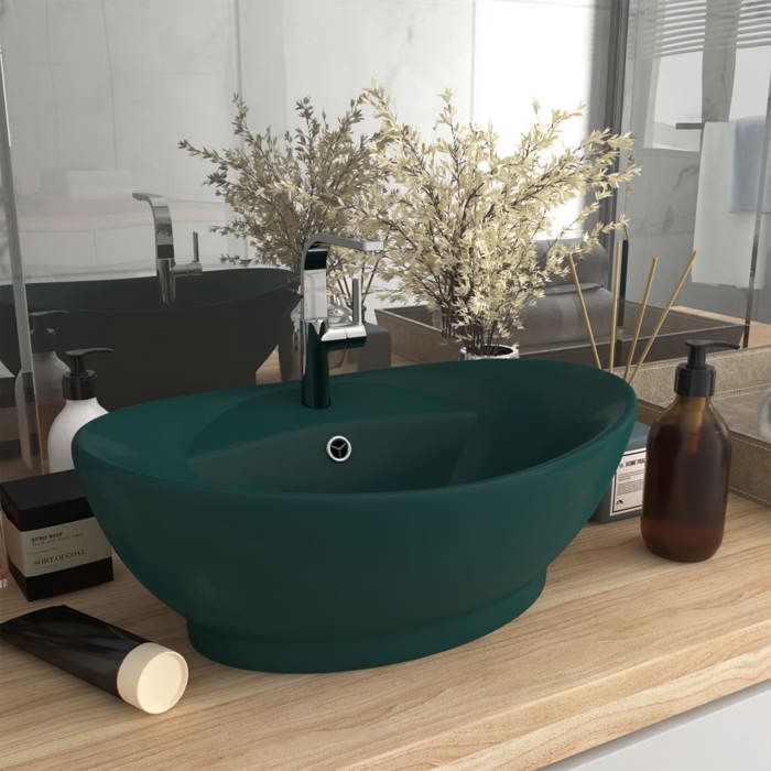 VidaXL Lavabo Ovale à Trop-plein Vasque à Poser de Toilette Lave-mains de Salle de Bain Salle Cosmétique Intérieur Vert 146937