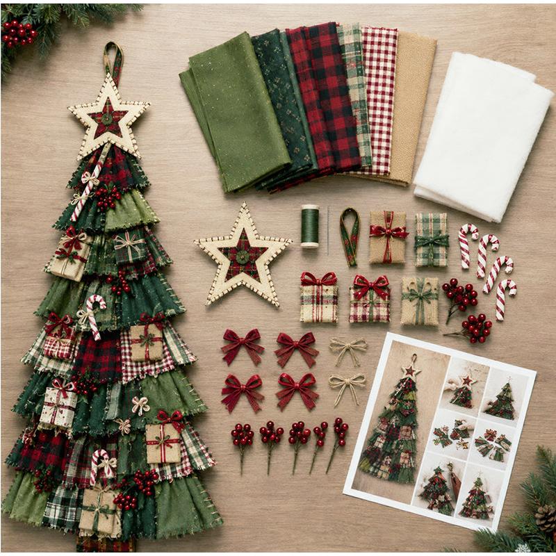 DIY Patchwork Christmas Tree Kit, Farmhouse Fabric Xmas Wall Hanging Ornament Craft Set, Complete Sewing Material Kit for Gifts