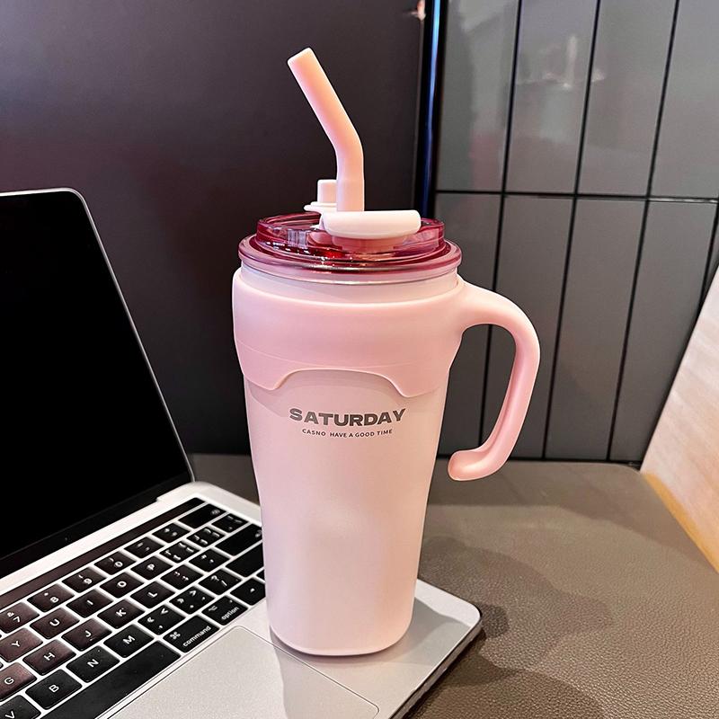 

Cute Tumbler Thermos Mug For Coffee Tea Juice 650ml Sainless Steel Thermal Cup With Handle Straw Car Cup Gym Water Bottle Gift 650ml рожевий