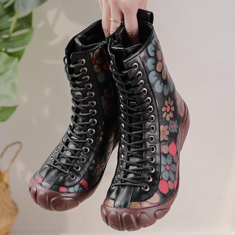 New Autumn and Winter Flat-soled Beef Tendon Sole Women's Boots Ethnic Style Genuine Leather Print Mid-tube Martin Boots