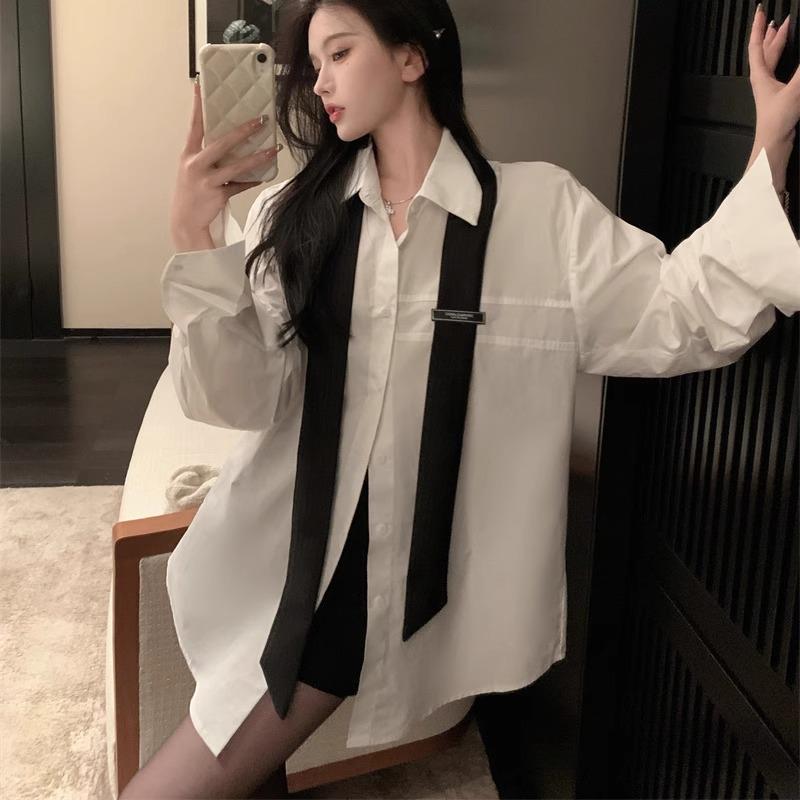 Women s White Tie Long Sleeve Mid-Length Casual Shirt – Spring/Autumn Loose Style S