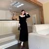 French Ruffled Collar Velvet Dress Women's Autumn and Winter Temperament High-waisted A-line Skirt Hepburn Style Waist Thin Long Dress