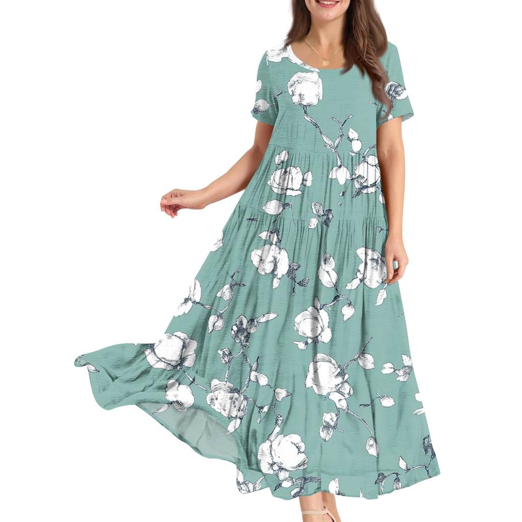 Dámské letní šaty s kulatým výstřihem, krátkým rukávem, květinovým potiskem, boho, volné