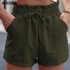 Moda feminina casual cor sólida estampa shorts esportivos de cintura alta
