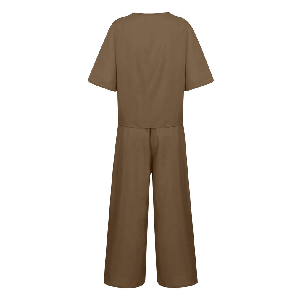 Women's Casual Fashion Sexy Long And Short Sleeve Pullover Shirt Round Neck Literary Retro Solid Color Casual Split Suit