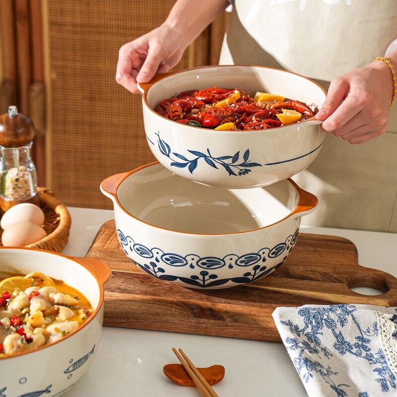 Hecuanwu Japanese Underglaze Ceramic Double-Ear Soup Bowl