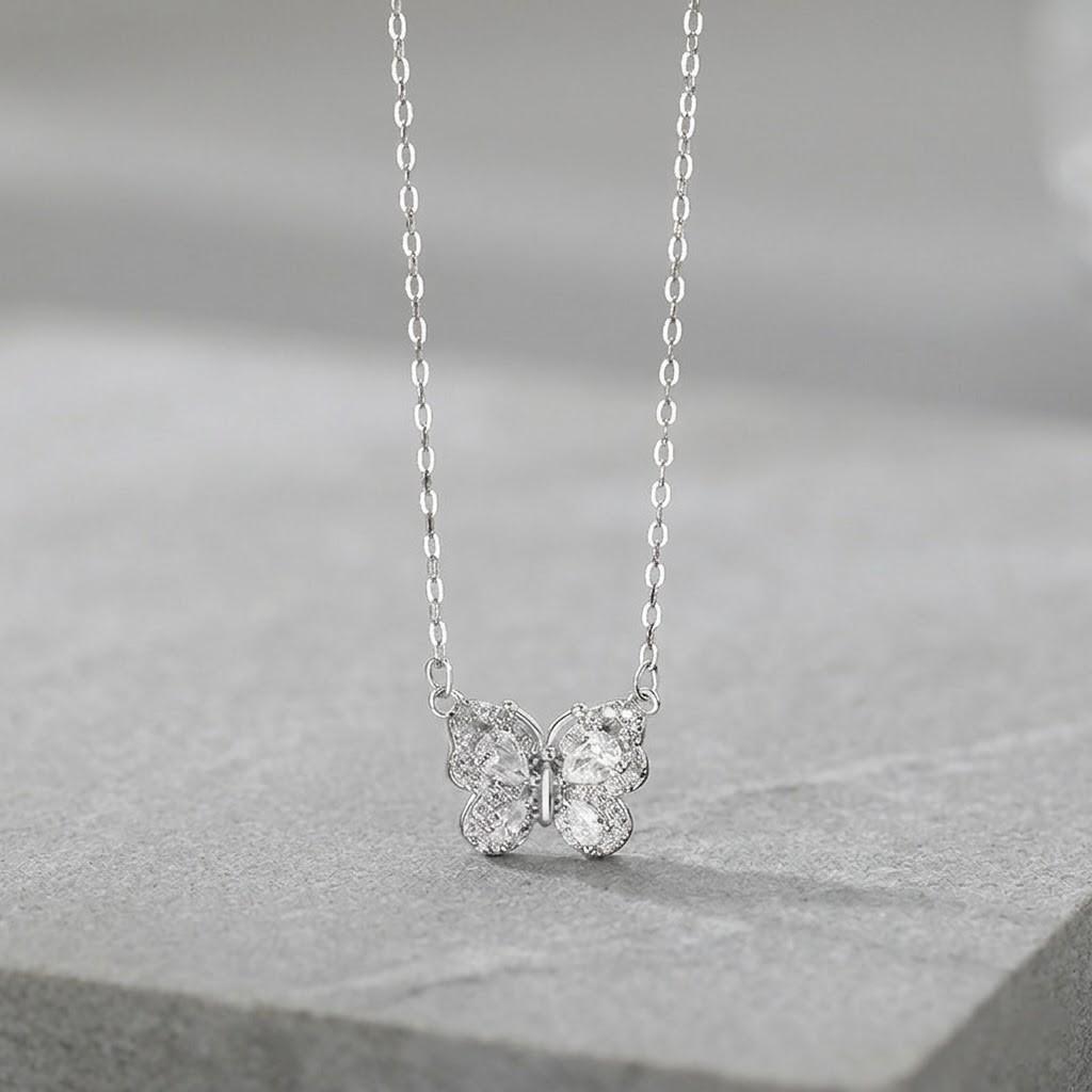 S999 Sterling Silver Butterfly Necklace Women Cubic Zirconia Fine Jewelry Necklaces Anti Tarnish Romantic Gift