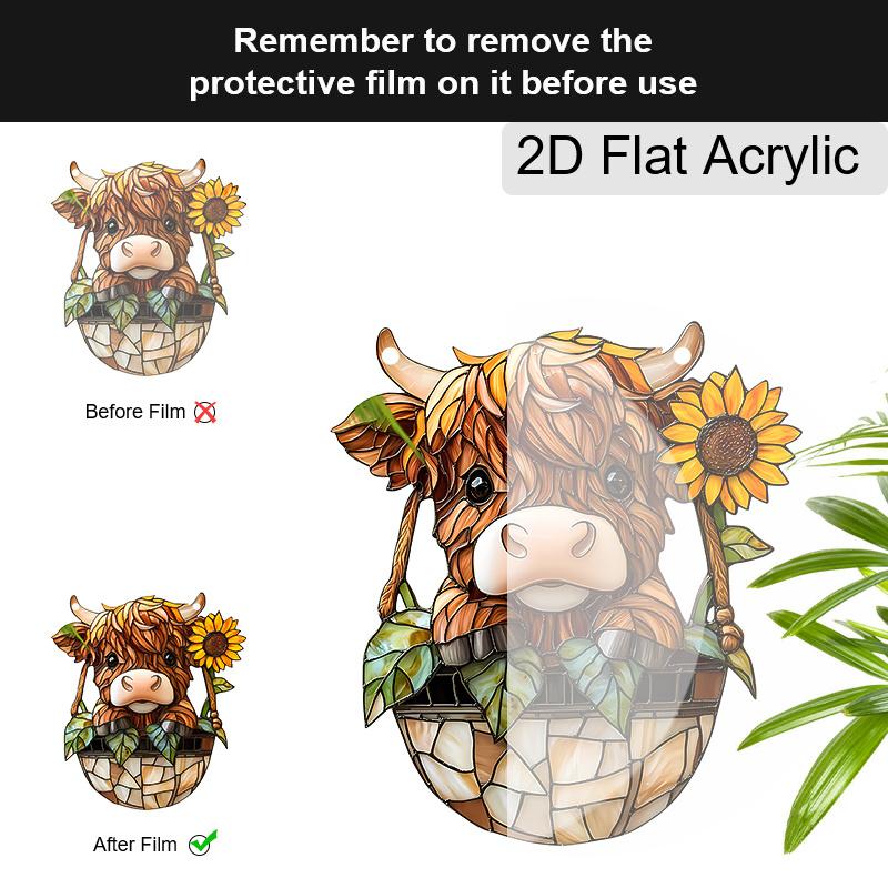 Acrylic Highland Cow with Sunflower Suncatcher Stained Glass Effect Window Hanging Ornament Farm Animal Lover Gifts