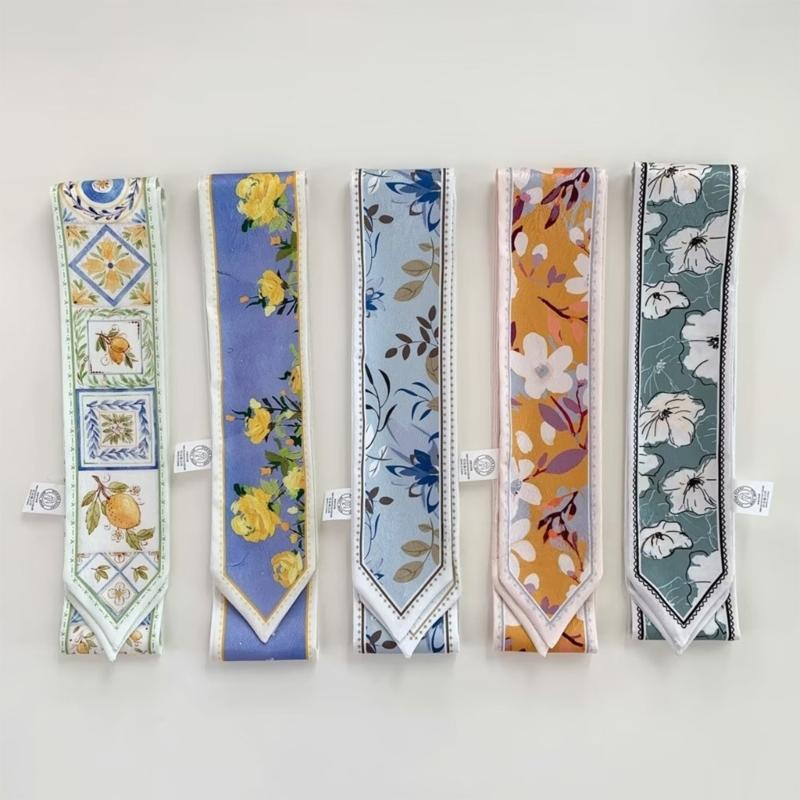 Soft Twill Satined Flower Pattern Neck Scarf Elegant Long Scarf Bag and Hair Tie for Stylish Women Daily Wear
