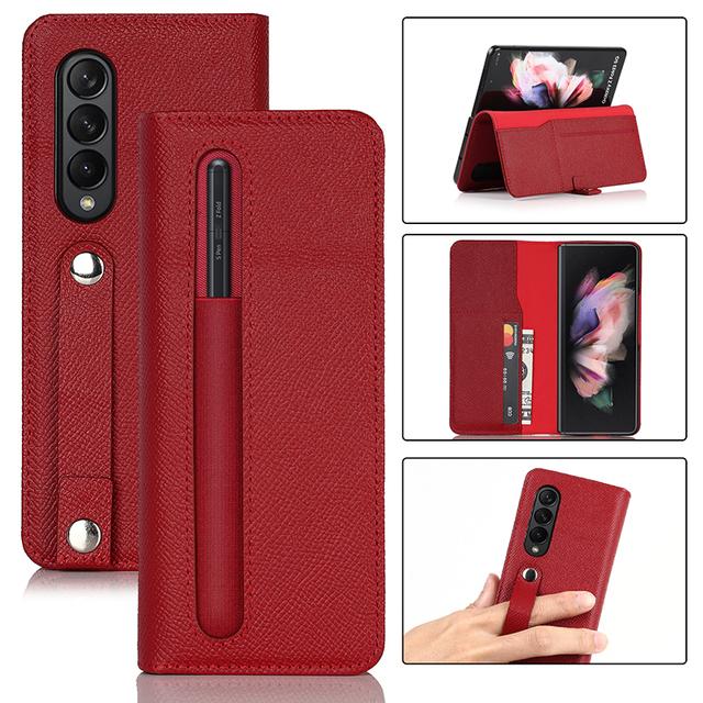 

Кожаный чехол для Samsung Galaxy Z Fold 3 5g с держателем слота для S Pen, ремешок для ручки, откидная крышка слота для S Pen, чехол-кошелек с слотом для карт for Galaxy Z Fold 3 красный