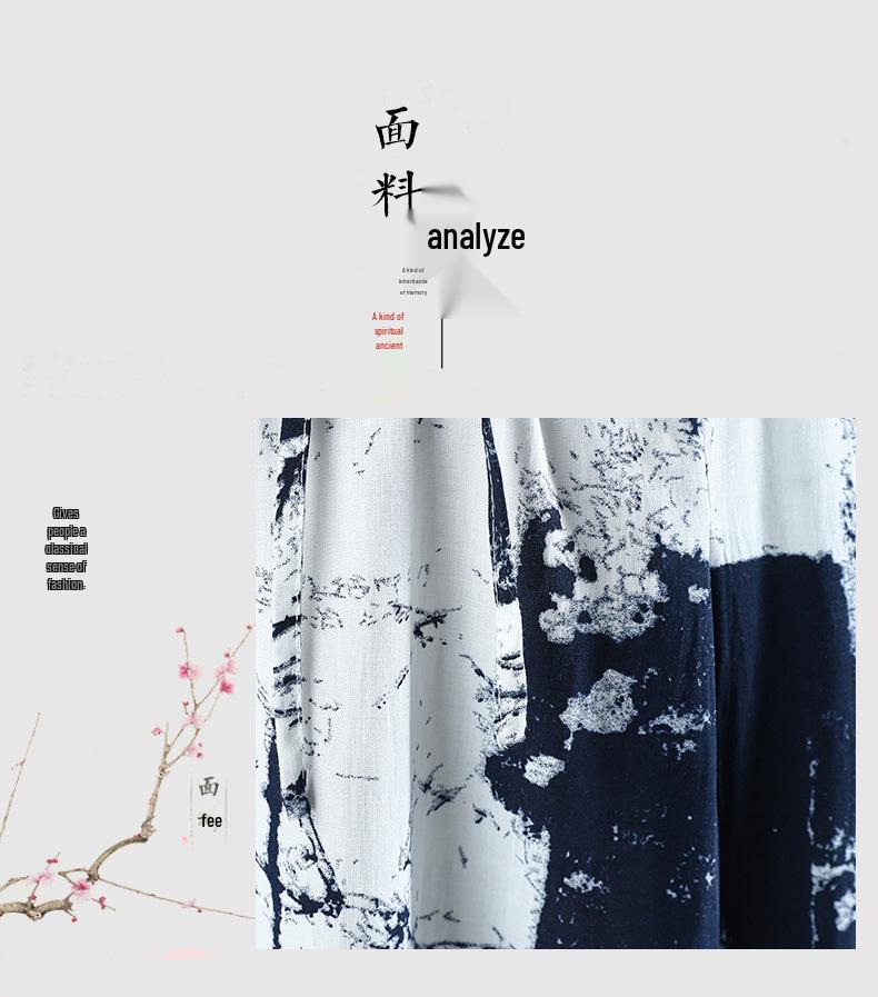 Damen 2025 Sommer Baumwoll-Leinen Tusche-Print Schal Zweiteiler Kleid-Set