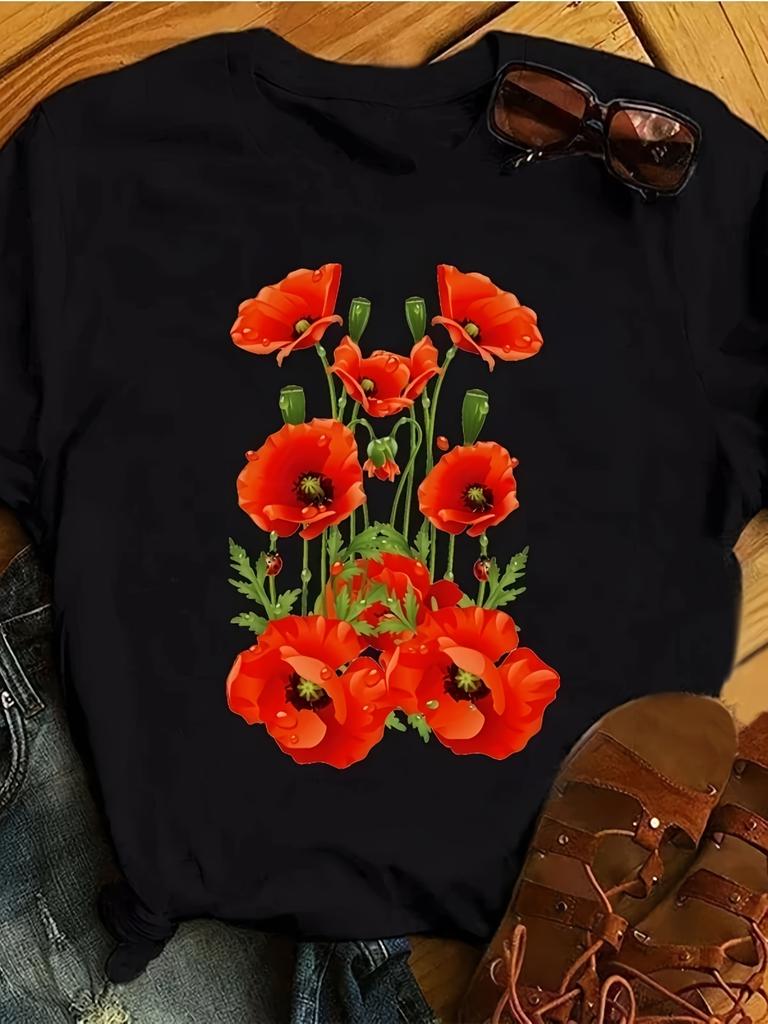 Fashion Red Poppy Unisex And Unisex T Shirt Funny Printed Tops Tee Female Short Sve Tshirt Harajuku Tee Unisex All TShirt