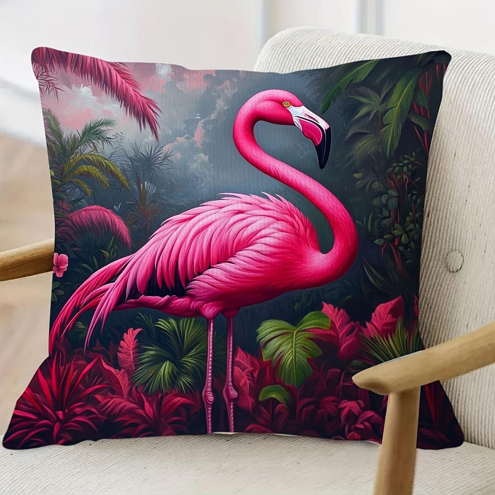 1 Stück Heißrosa Flamingo Tropische Blätter Kissenbezug - 18x18 Zoll Weiches Plüsch Dekoratives Cover, Einseitiger Druck, Reißverschluss,