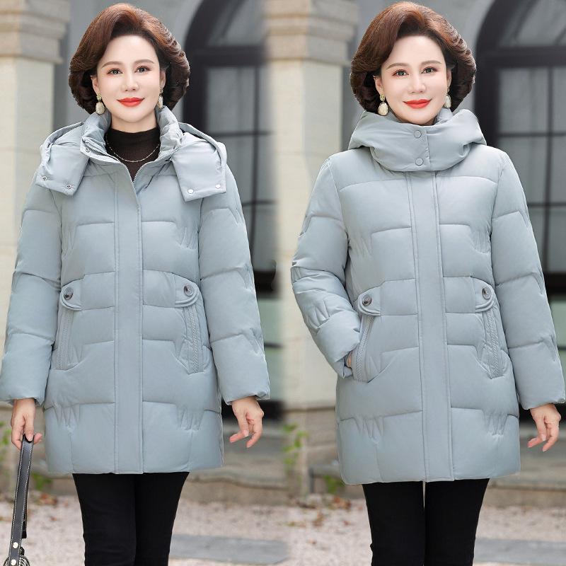 Mom's Hooded Mid-Length Down Jacket for Middle-Aged Women - Autumn/Winter Cotton Outerwear