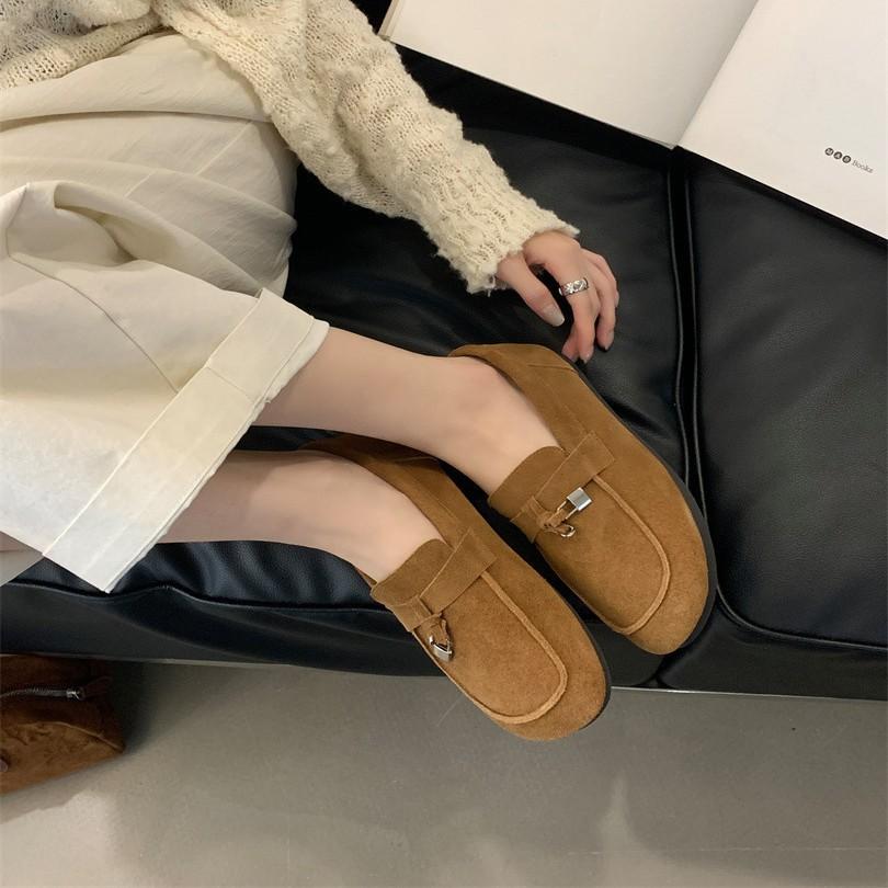 Loafers Women's Summer One-pedal Lazy Shoes British Style Leather Retro Doudou Shoes Women's Single Shoes Comfortable Flat Bottom