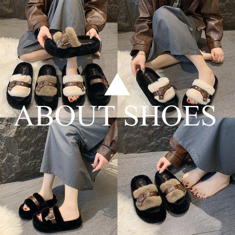 Thick-soled wool slippers women's autumn and winter wear gentle wool shoes one-word drag design sense fashionable and comfortable plush drag