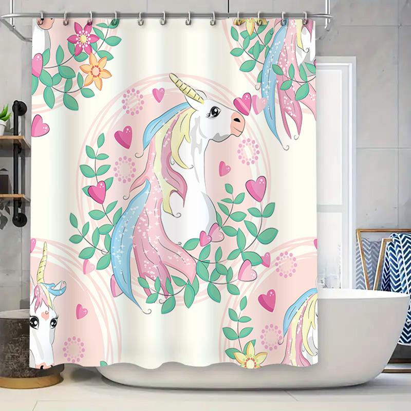 

Charming Unicorn Shower Curtain With Flowers Leaves Hearts Decorative Print Pink Blue Yellow White Bath Curtains For Home Decora W60H190(CM)-1 Pcs