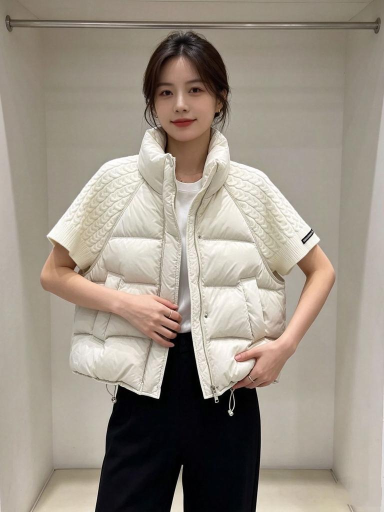 New knitted splicing down cotton vest women's short stand-up collar thickened versatile vest loose and thin jacket