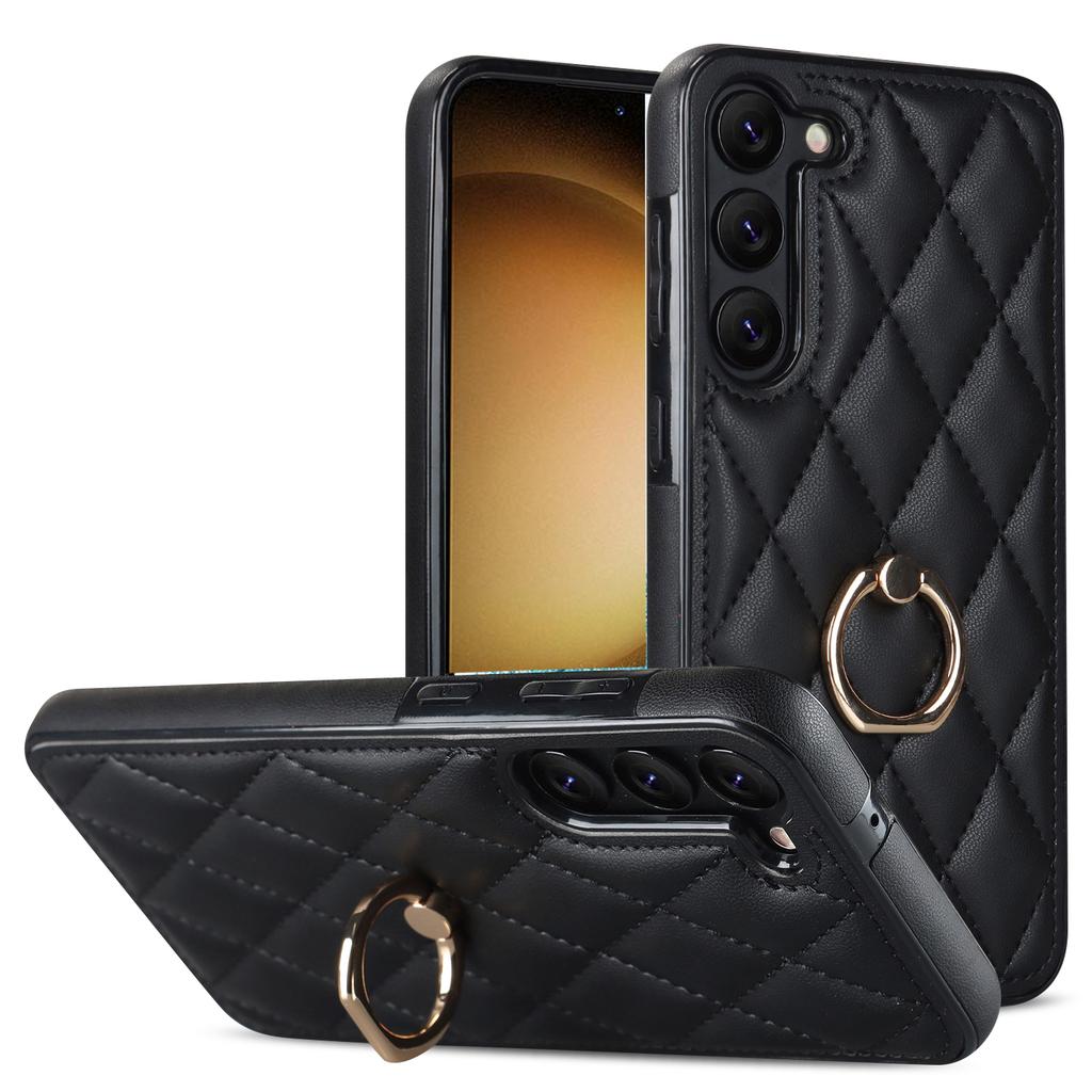 For Samsung Galaxy S23 Phone Case PU Leather+TPU Imprinted Rhombus Grid Pattern Back Cover with Ring Kickstand