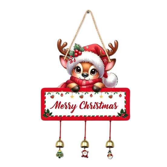 Santa Claus Wall Ornament Merry Christmas Wooden Door Hanging Sign with Bells, Rustic Snowman Black Cat Xmas Window Hanger Tree Reindeer Decorative