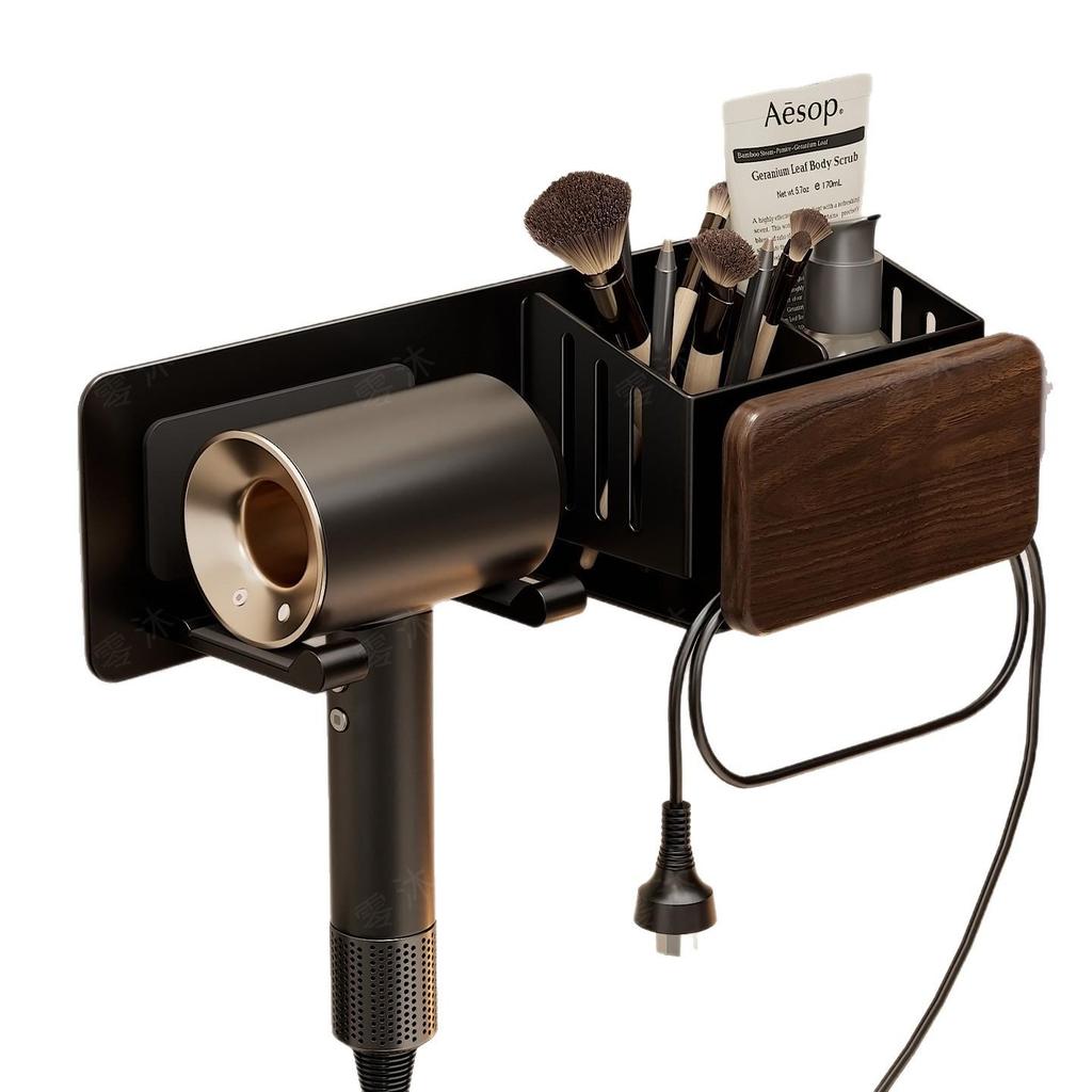 Walnut Hair Dryer & Makeup Brush Organizer, No-Drill Wall Mount
