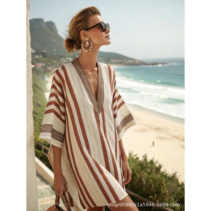 2026 women's V-neck dress seaside vacation 3D printing loose skirt beach