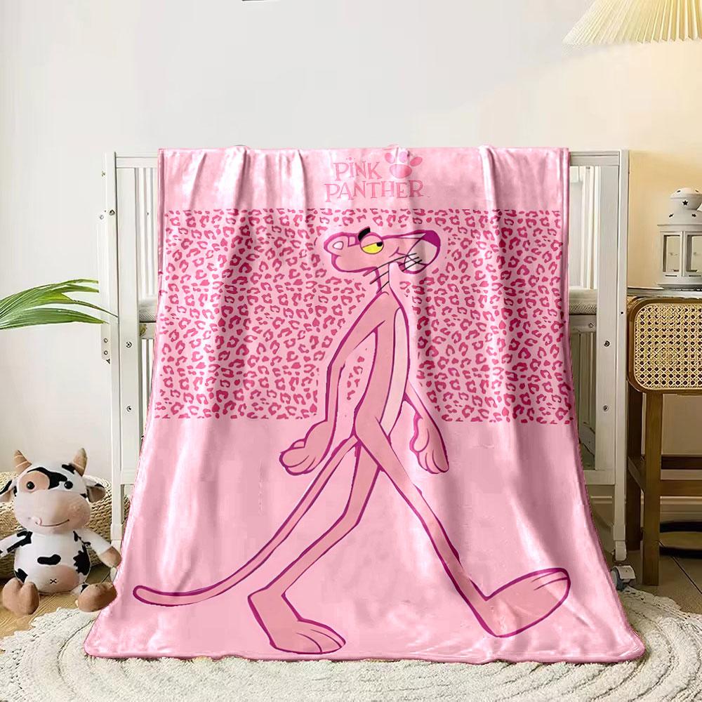Pink leopard print background with a walking pink panther character. for all seasons blanket lunch break throw gift