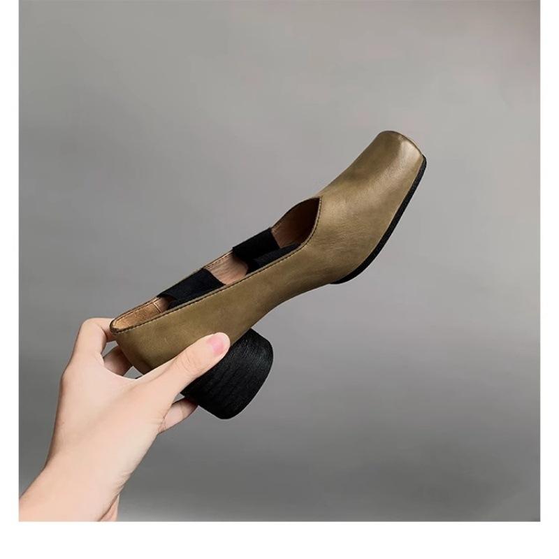 2025 spring new pig nose high heel Mary Jane single shoes women's retro cross strap square head thick heel ballet shoes