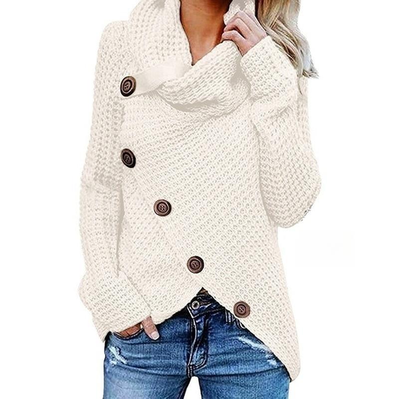 Herbst und Winter Einfarbig Dicker Pullover Damen Neu Einreihig Diagonale Schnalle Langärmlig Asymmetrische Strickwaren Damen