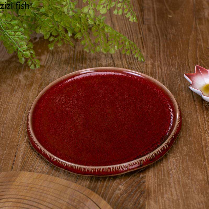 Red Ceramic Flat Plate Dining Plate Sushi Plates Pasta Dish Western Style Steak Plates Dessert Bowl Sting Disc Dim Sum Dish Tray