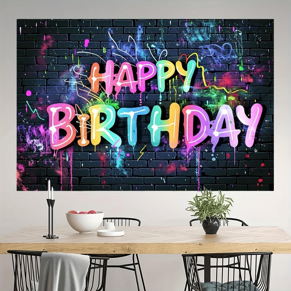 Sfondo di Buon Compleanno Design di muro di mattoni con graffiti al neon vibranti sfondo fotografico hip hop colorato decorazioni per feste